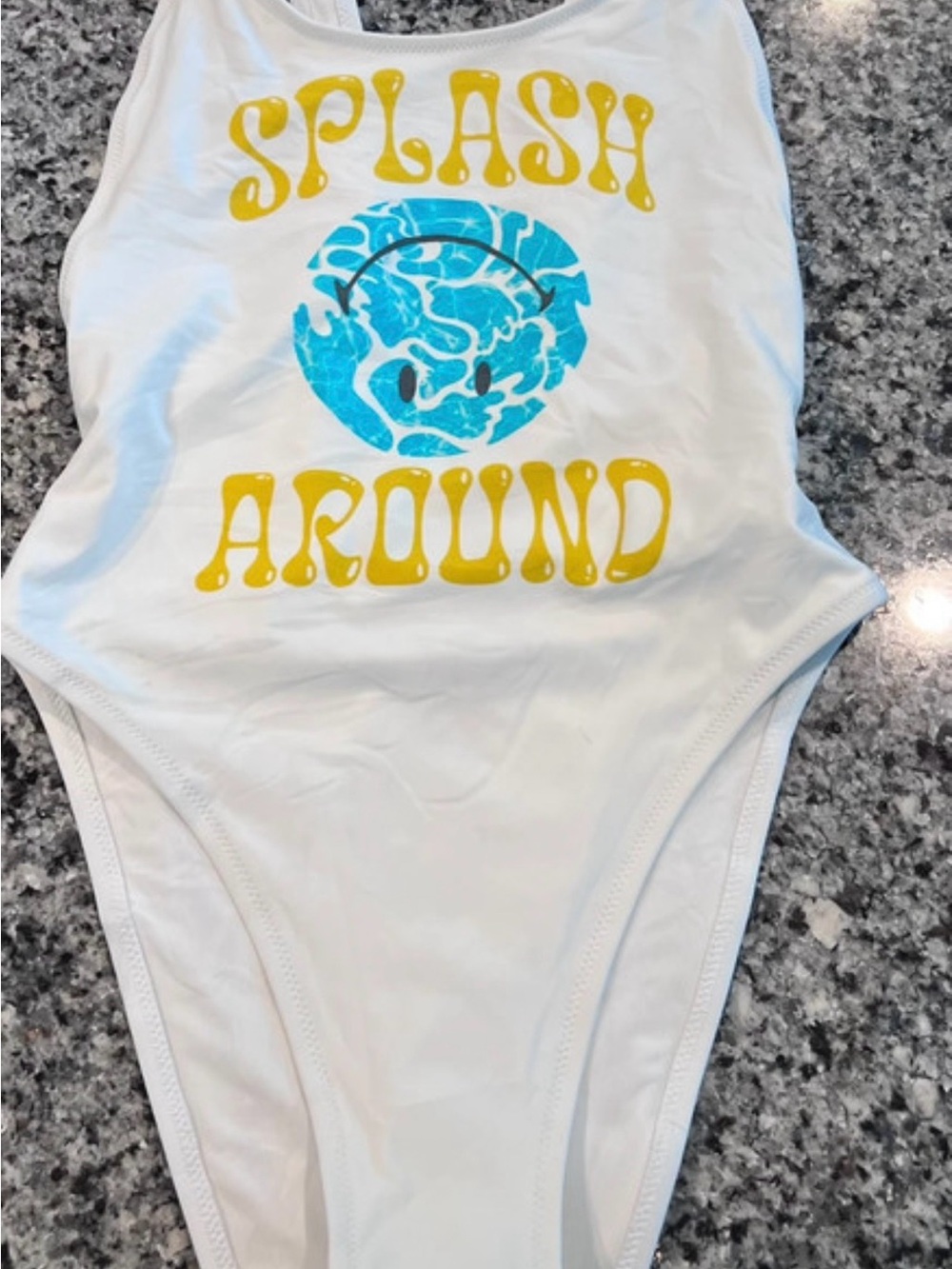 aerie White One-Piece Swimsuit with Yellow Text and Aqua Graphic